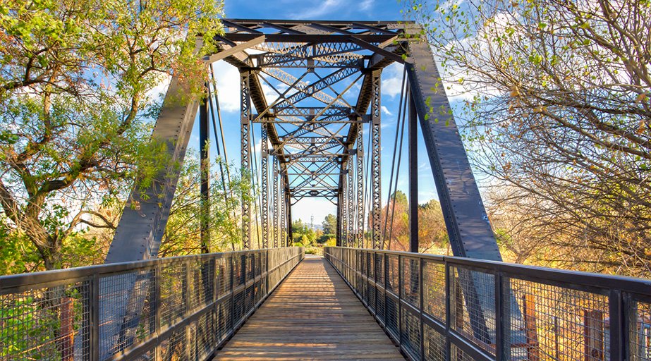 A pedestrian bridge in the spring.