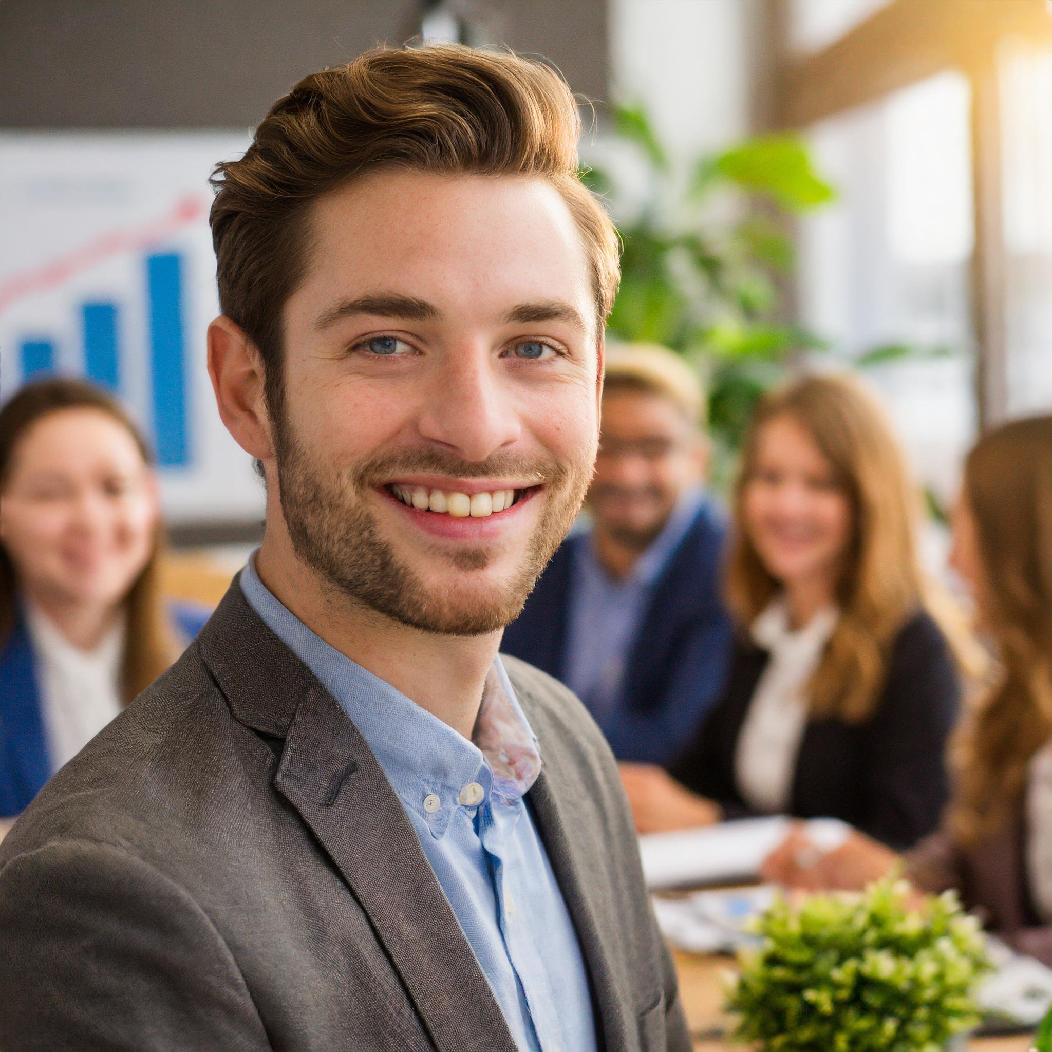 A man in a business setting smiling.